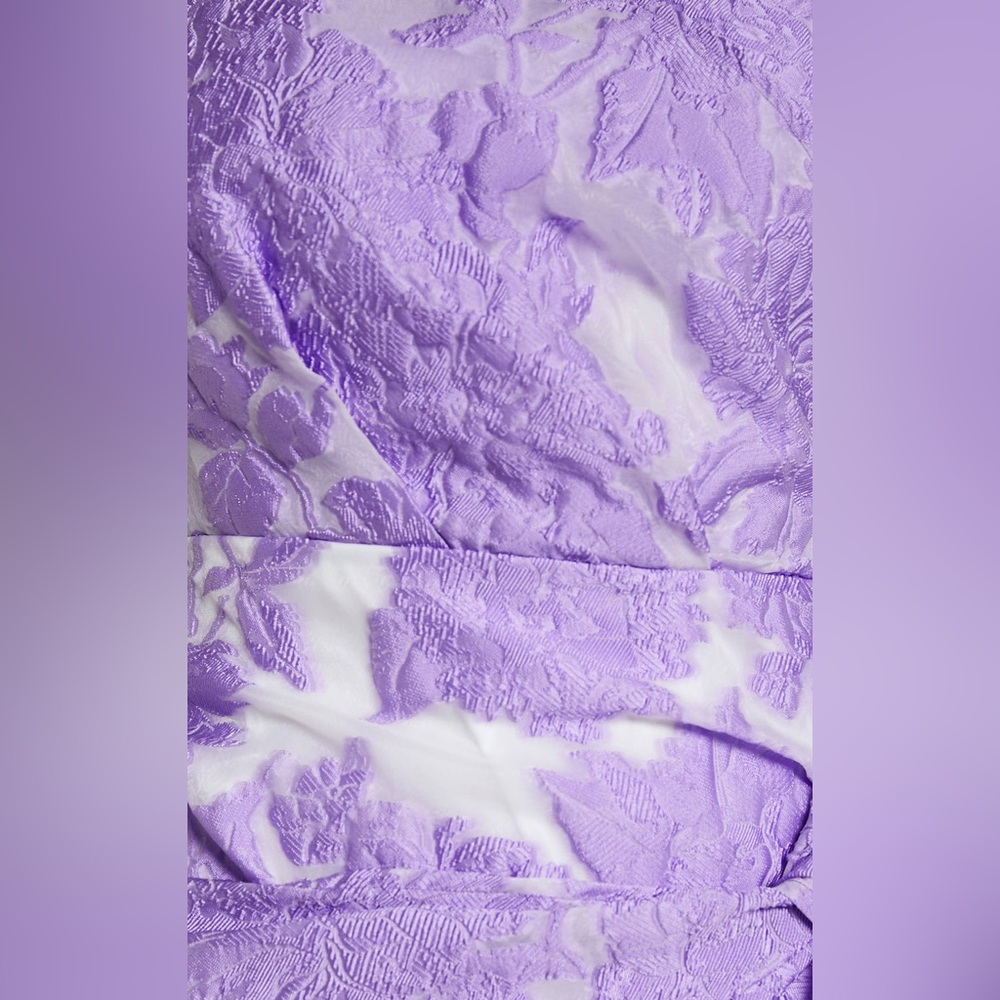 SHOWPO- BRAILEY MINI DRESS- One Shoulder Wrap Front Dress in Purple Jacquard - Picture 5 of 9